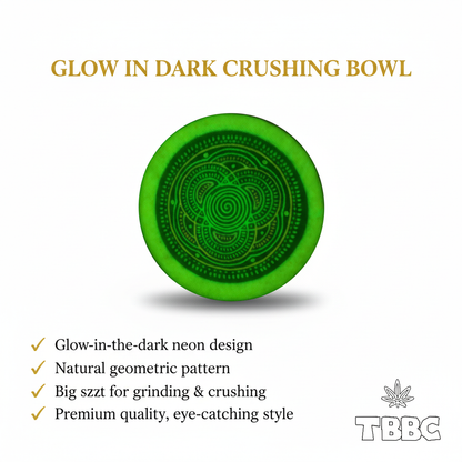 Glow-in-dark crushing bowl with geometric pattern, 4-inch size and UV-reactive design infographic.