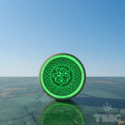 Glow-in-the-dark crushing bowl with Clover Mandala 4-leaf geometric design, UV neon premium herb grinder bowl on marble sky background.