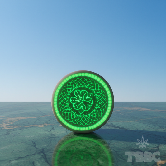 Glow-in-the-dark crushing bowl with Clover Mandala 4-leaf geometric design, UV neon premium herb grinder bowl on marble sky background.