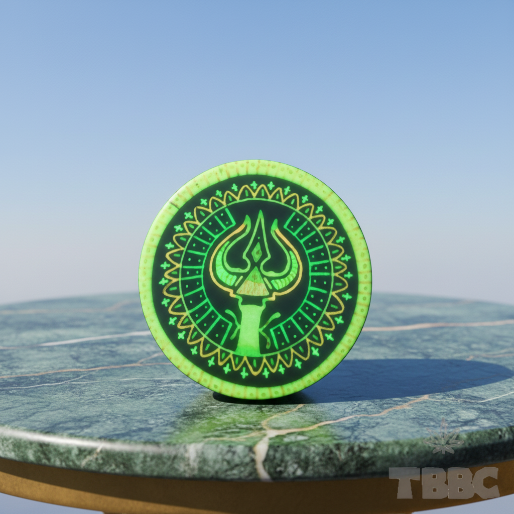 Glow Crushing Bowl with Trishul Shiva geometric design on a marble-and-sky background, showing its neon finish.