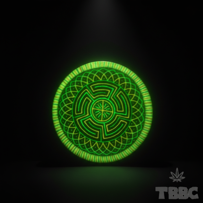 Glow-in-the-dark 4-inch crushing bowl with Labyrinth Mandala Maze Wheel geometric pattern glowing under UV on a dark luxury background.