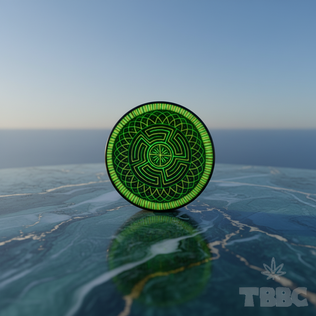 Glow crushing bowl with Labyrinth Mandala Maze Wheel design, UV neon finish, 4-inch herb grinding bowl on a marble sky background.