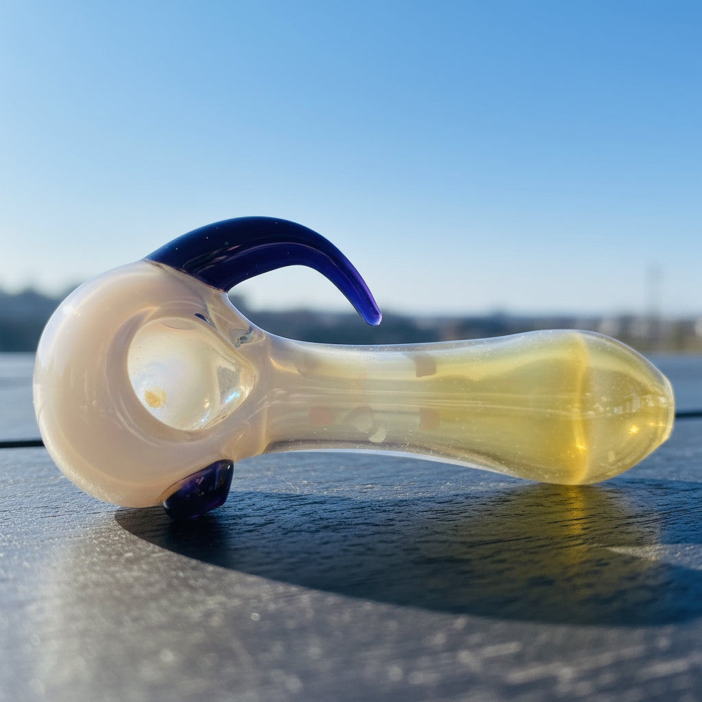 A translucent golden hand pipe with a curved horn, made from crystal, with a black band on the stem and a white base.
