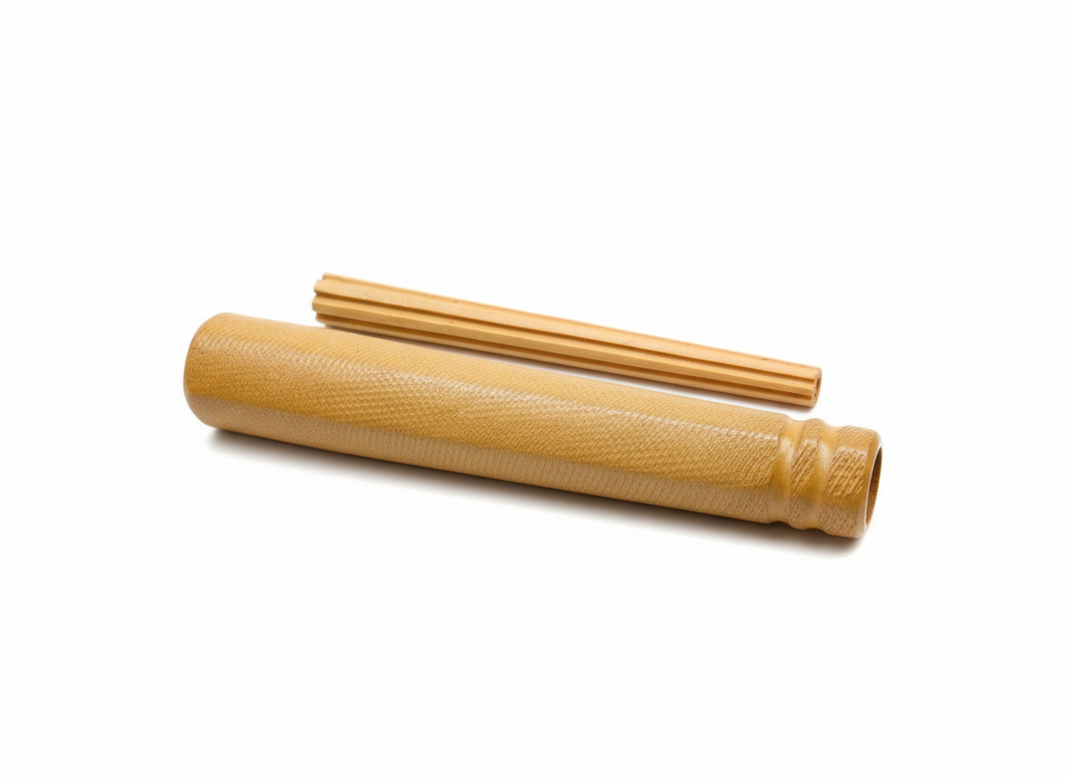 Roll of bamboo mat and two sticks on a white background