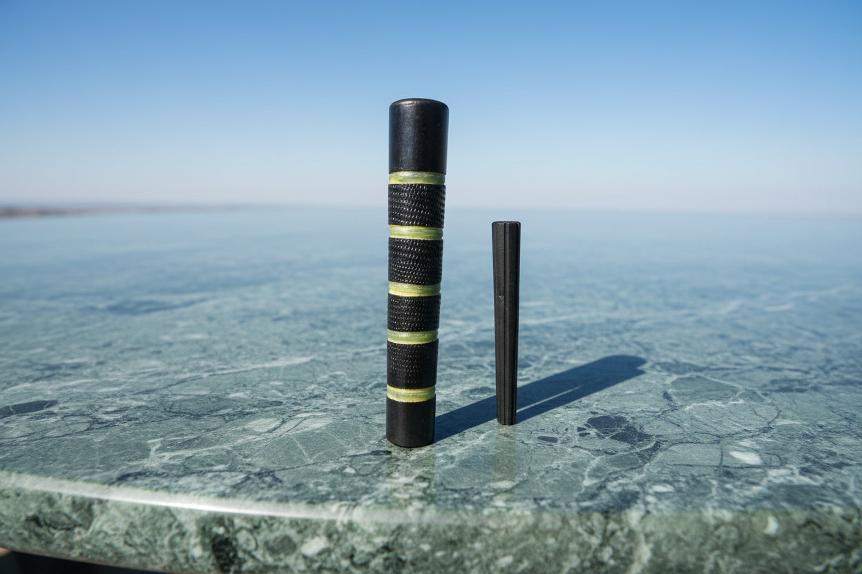 The image shows a black chillum with green rings, along with its lid.