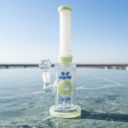 Donut perc bong side profile showing 11 inch height and green base, GreenHalo design with blue accents