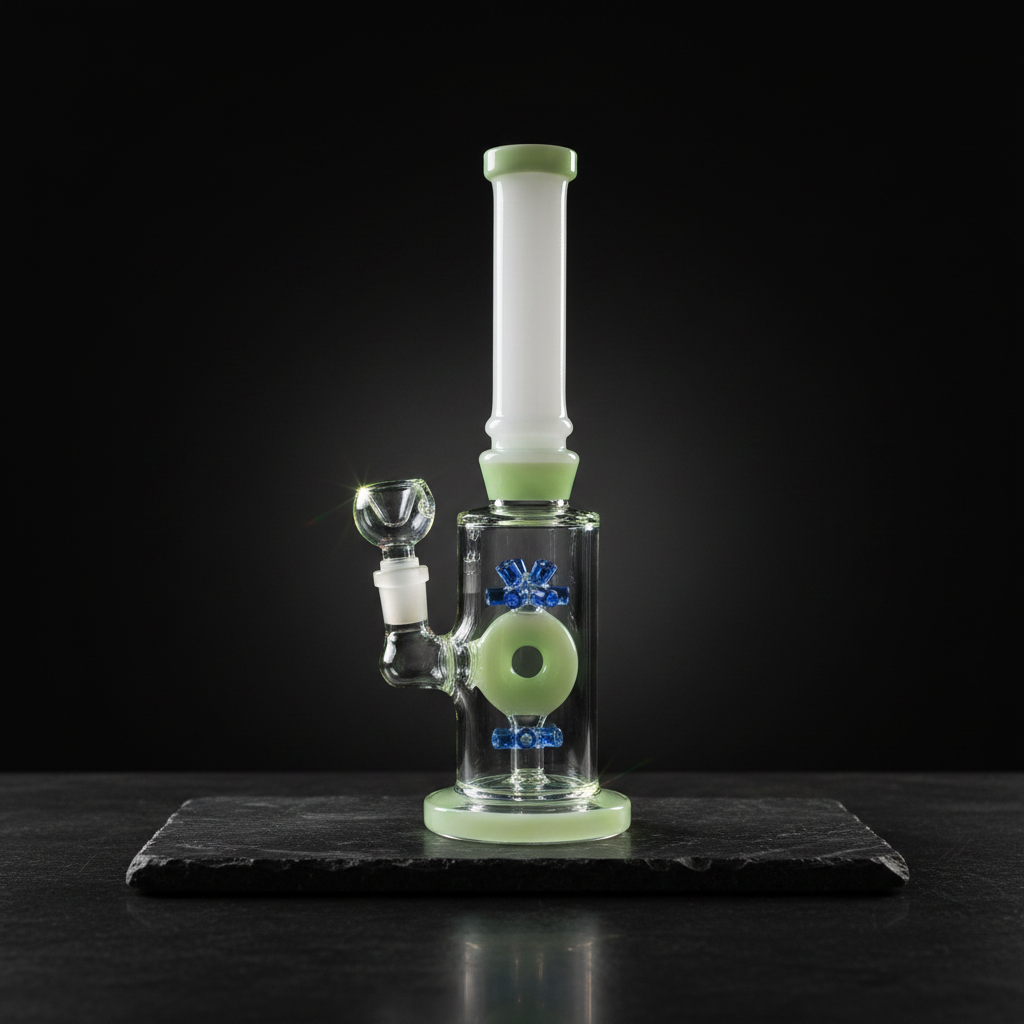 GreenHalo donut perc borosilicate glass bong 11 inch 14mm joint with green and blue accents, premium smoking accessory