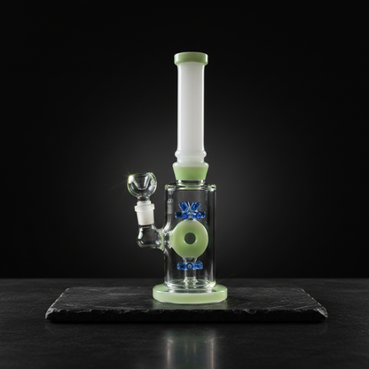 GreenHalo donut perc borosilicate glass bong 11 inch 14mm joint with green and blue accents, premium smoking accessory
