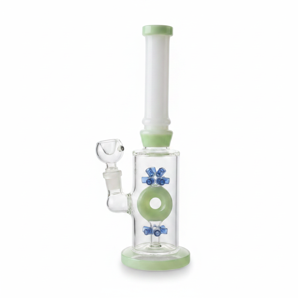 Green glass bong with donut-style perc inside chamber, unique diffusion design close-up