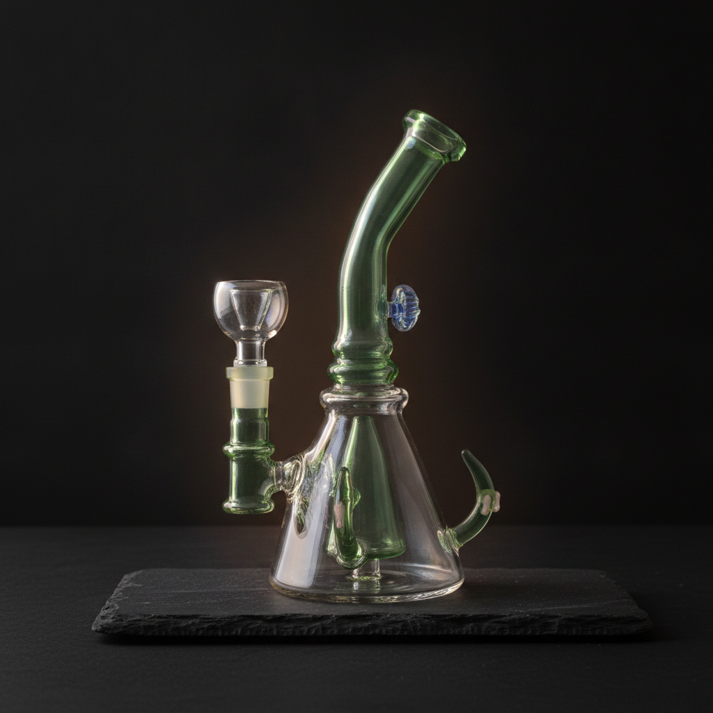Green angled glass bong with stable acrylic puck base and clear chamber, modern design close-up