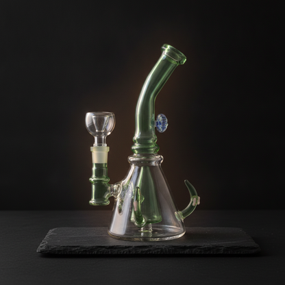 Green angled glass bong with stable acrylic puck base and clear chamber, modern design close-up