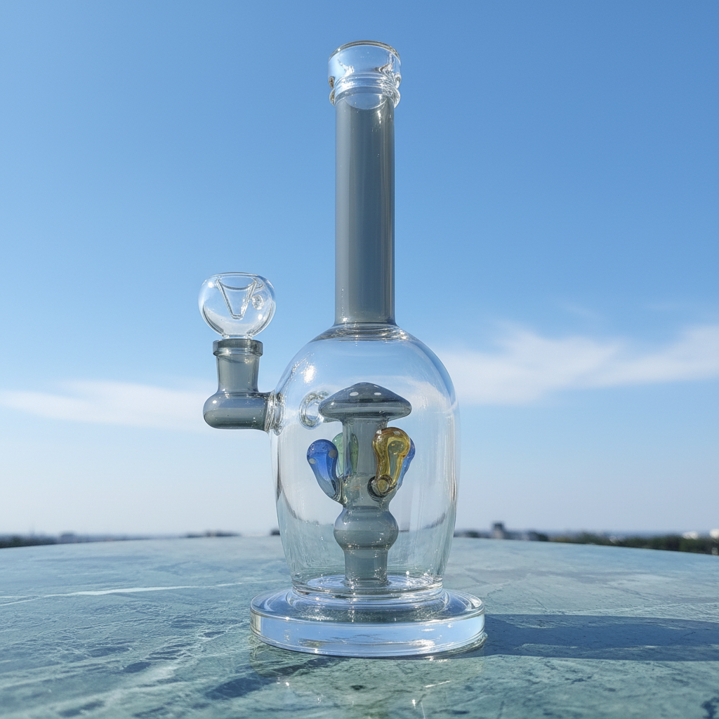 Grey glass bong with mushroom percolator detail inside chamber, diffusion-focused design