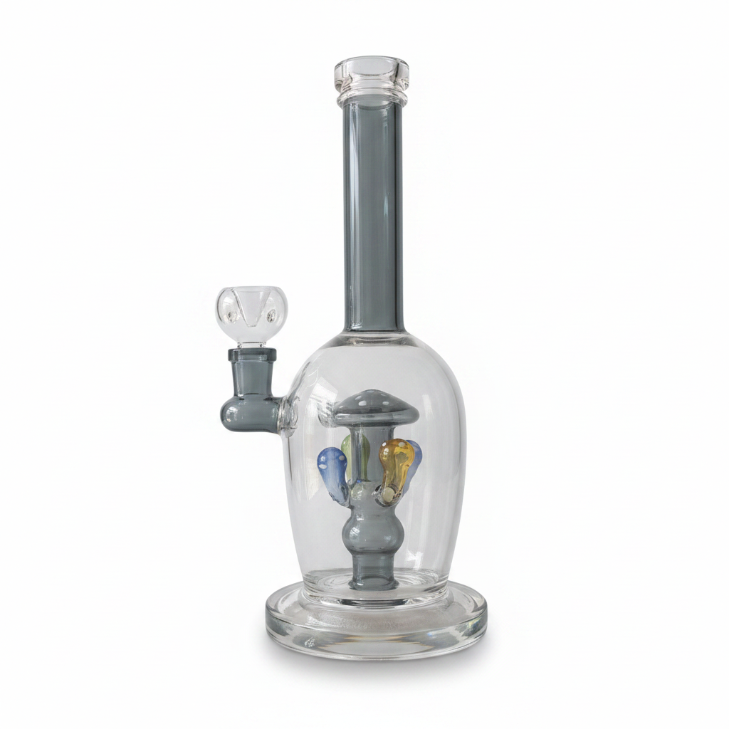 Grey mushroom perc borosilicate glass bong 11 inch 14mm joint with clear chamber, premium smoking accessory