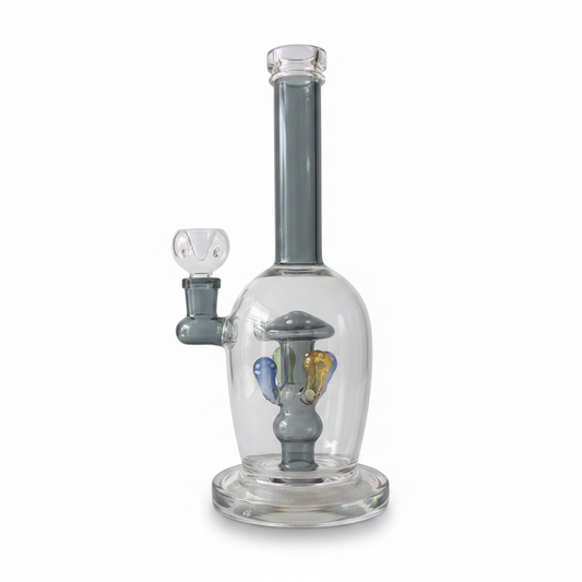 Grey mushroom perc borosilicate glass bong 11 inch 14mm joint with clear chamber, premium smoking accessory