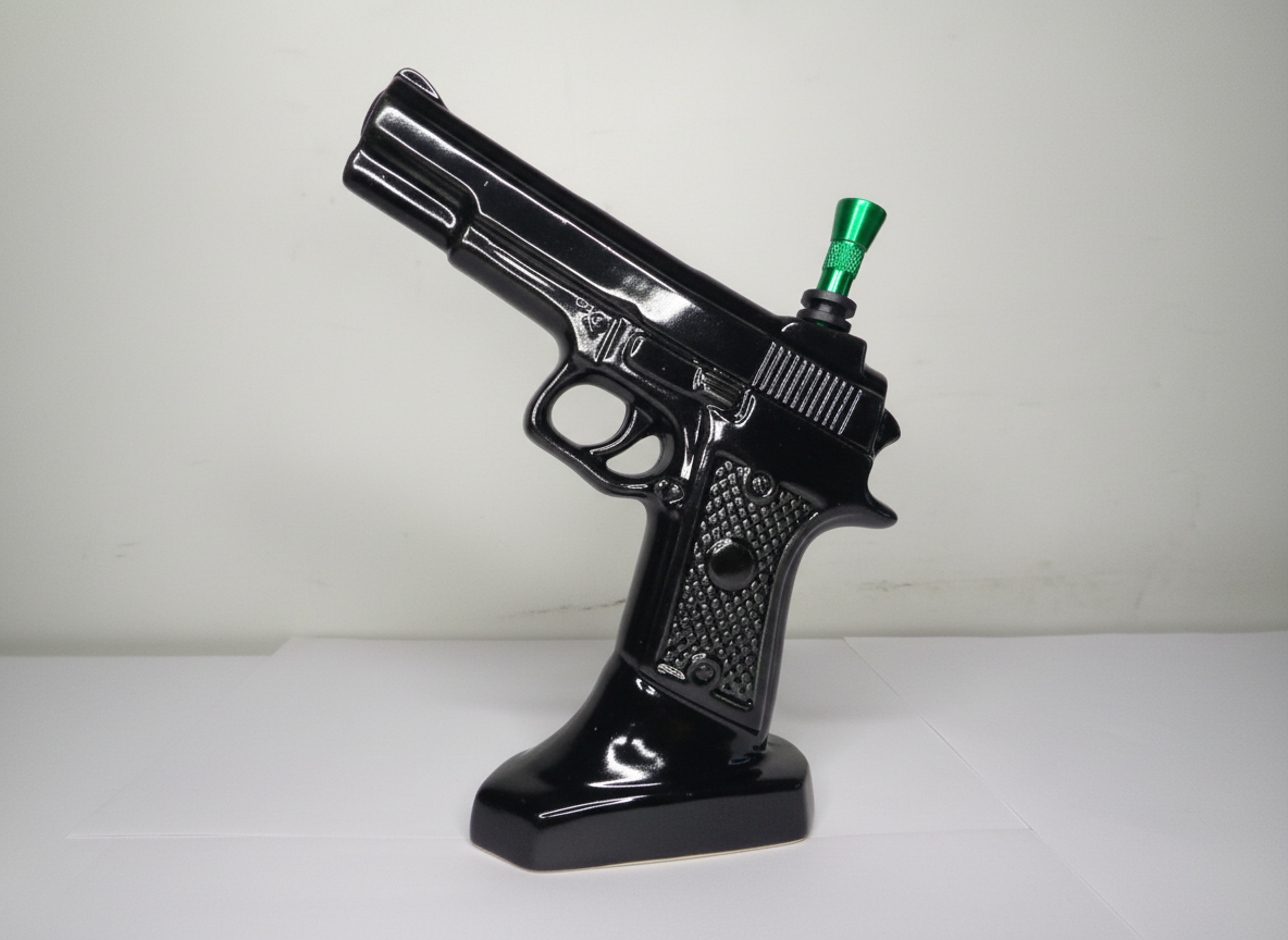 Gun style ceramic water bong 7 inch black with green bowl, weed ganja charas bong water pipe instant delivery in delhi ncr stoners choice bongs, bongs supply for kasol