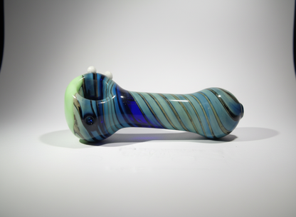 Blue swirl glass hand pipe on white studio background — compact pocket pipe design, buy glass hand pipe India, TBBC