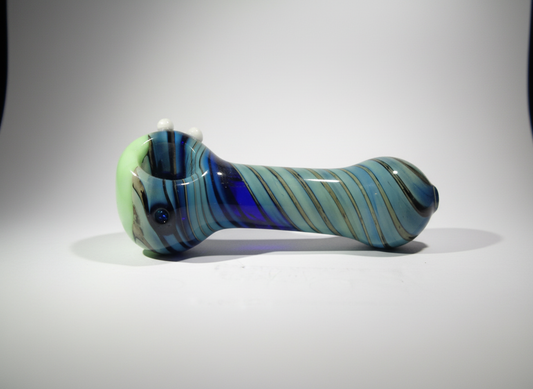 Blue swirl glass hand pipe on white studio background — compact pocket pipe design, buy glass hand pipe India, TBBC