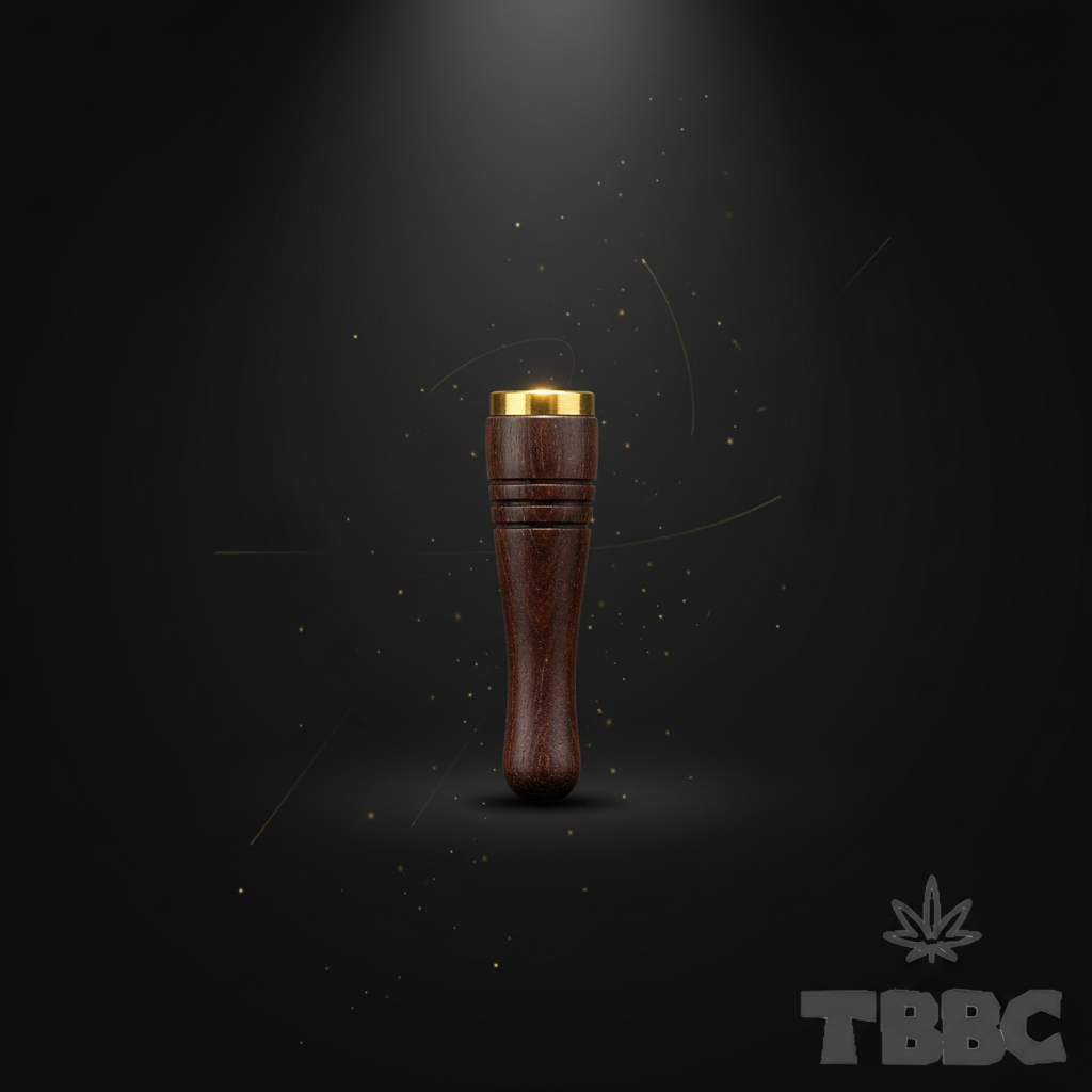 TBBC handcrafted wooden filter tip with dark wood, brass ring and fine groove details on dark luxury background