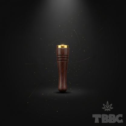 TBBC handcrafted wooden filter tip with dark wood, brass ring and fine groove details on dark luxury background