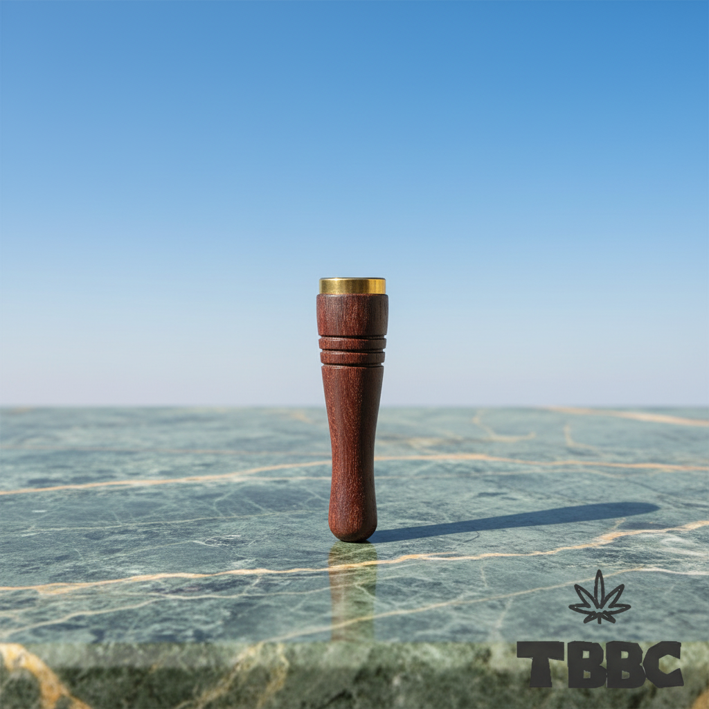 TBBC handcrafted wooden filter tip with dark wood, brass ring and fine groove details on marble and sky lifestyle background