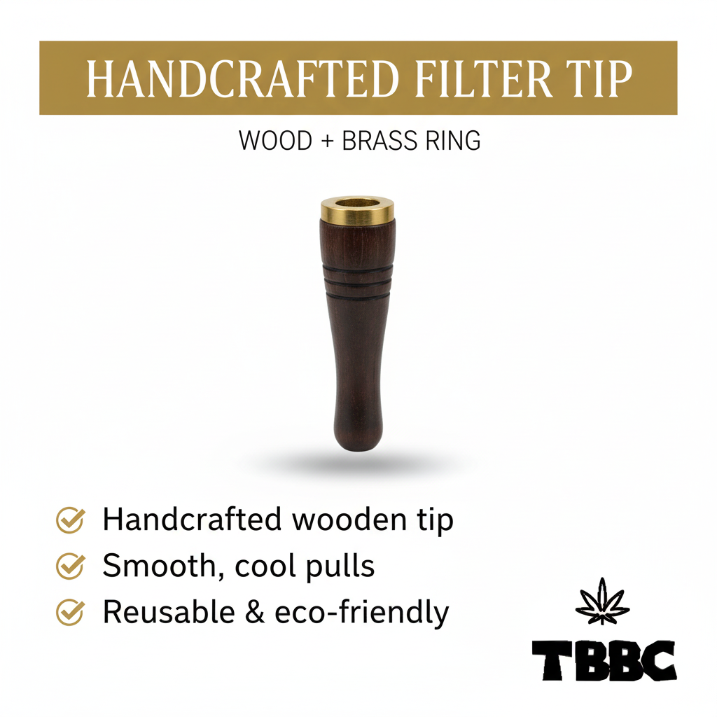 TBBC handcrafted wooden filter tip with dark wood, brass ring and minimal contoured body, white background specifications infographic