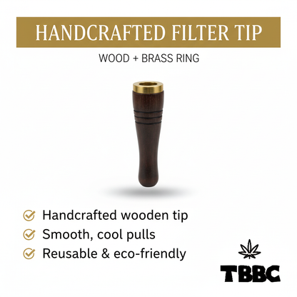 TBBC handcrafted wooden filter tip with dark wood, brass ring and minimal contoured body, white background specifications infographic