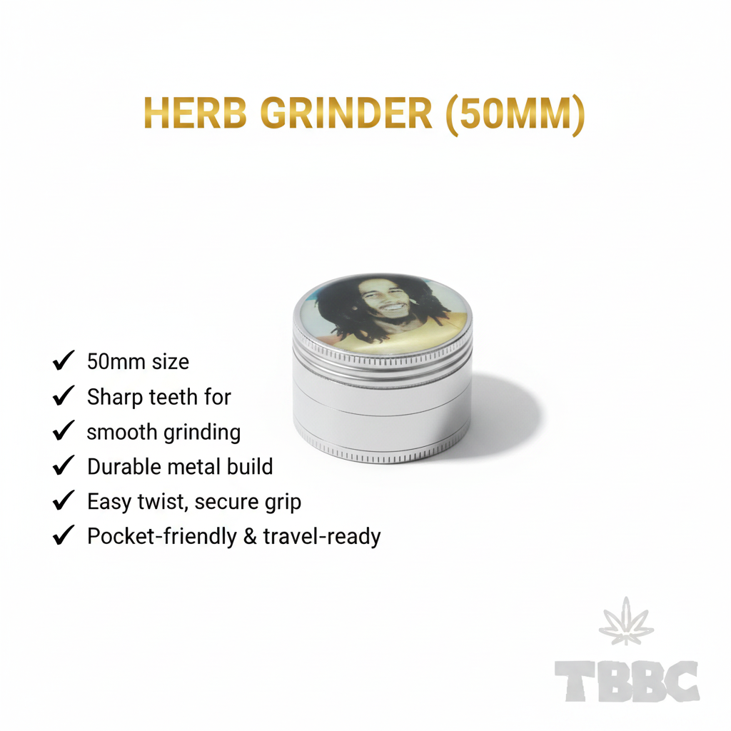 50mm 4-part metallic herb grinder with Rasta Portrait lid design, sharp teeth, smooth grinding, durable metal build, and easy twist grip.