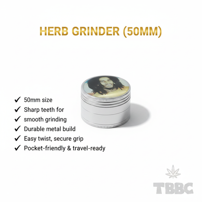 50mm 4-part metallic herb grinder with Rasta Portrait lid design, sharp teeth, smooth grinding, durable metal build, and easy twist grip.
