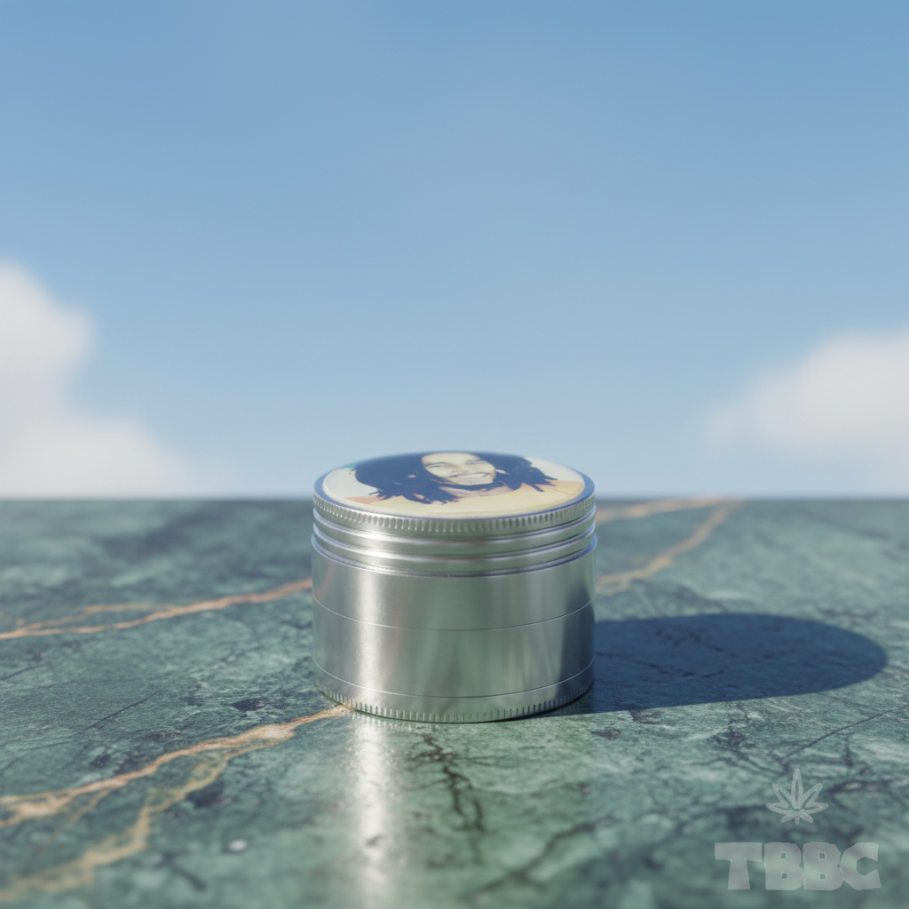 50mm 4-part metallic herb grinder with Rasta Portrait lid on a marble sky background, compact metal design for travel.