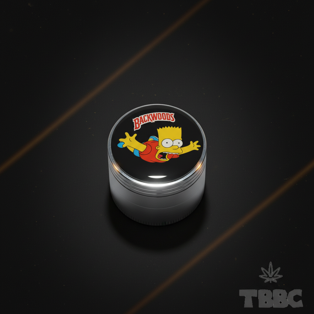 50mm 4-part metallic herb grinder with Backwoods Bart lid design on a dark luxury background, compact metal grinder for smooth grinding.