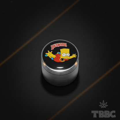 50mm 4-part metallic herb grinder with Backwoods Bart lid design on a dark luxury background, compact metal grinder for smooth grinding.