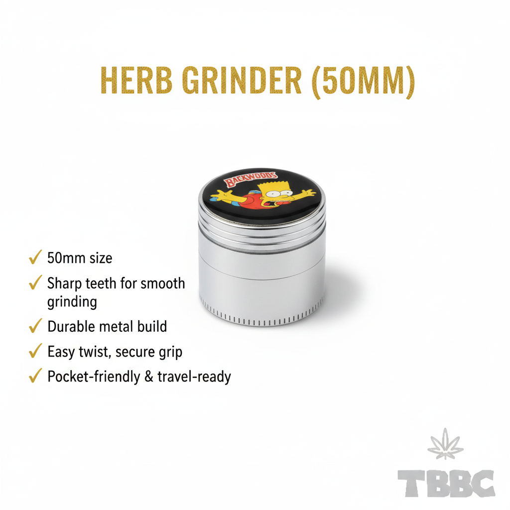 50mm 4-part metallic herb grinder with Backwoods Bart design, sharp teeth, smooth grinding, durable metal build, and pocket-friendly size.