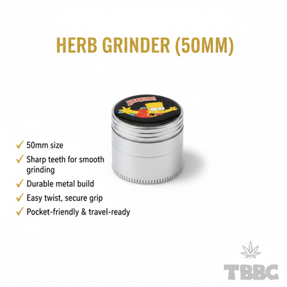 50mm 4-part metallic herb grinder with Backwoods Bart design, sharp teeth, smooth grinding, durable metal build, and pocket-friendly size.