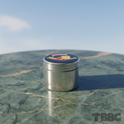50mm 4-part metallic herb grinder with Backwoods Bart lid on a marble sky background, compact and travel-ready metal design.