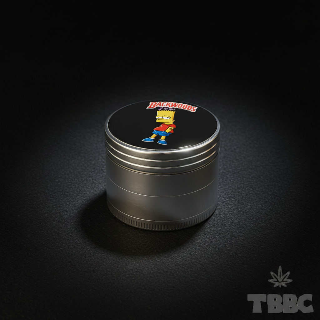50mm 4-part metallic herb grinder with Backwoods Bart lid artwork, shown against a dark luxury background.