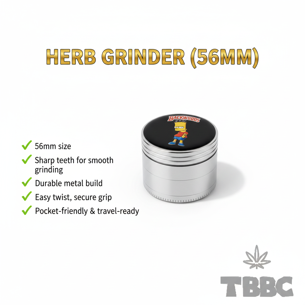 56mm 4-part metallic herb grinder with Backwoods Bart lid artwork, sharp teeth, durable metal build, and pocket-friendly size shown in an infographic.