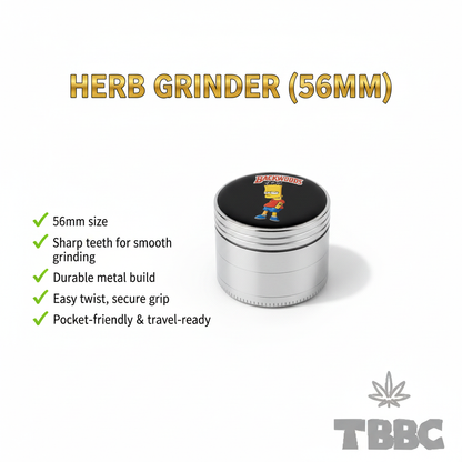56mm 4-part metallic herb grinder with Backwoods Bart lid artwork, sharp teeth, durable metal build, and pocket-friendly size shown in an infographic.