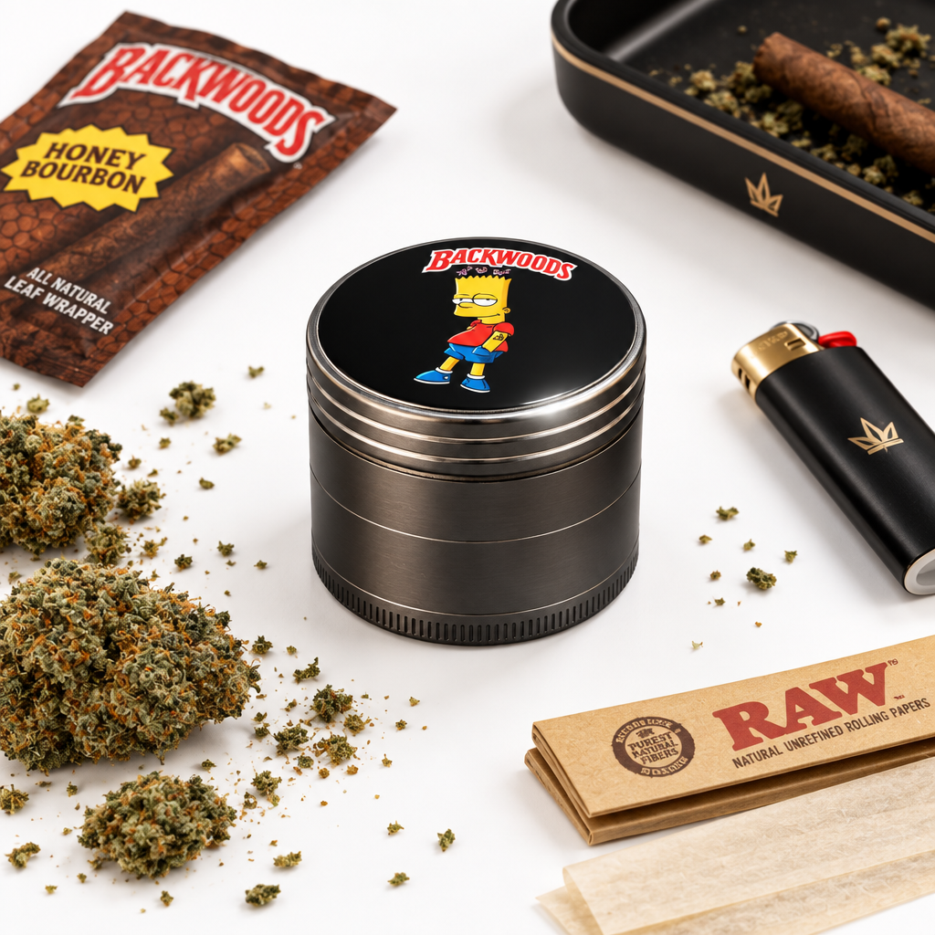 56mm 4-part metallic herb grinder with Backwoods Bart lid artwork, shown against a dark luxury background.