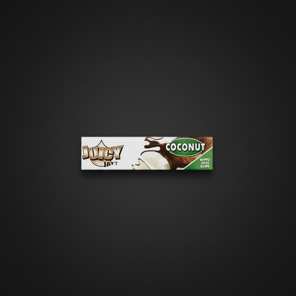 Juicy Jay's King Size Coconut flavoured rolling papers pack on dark background