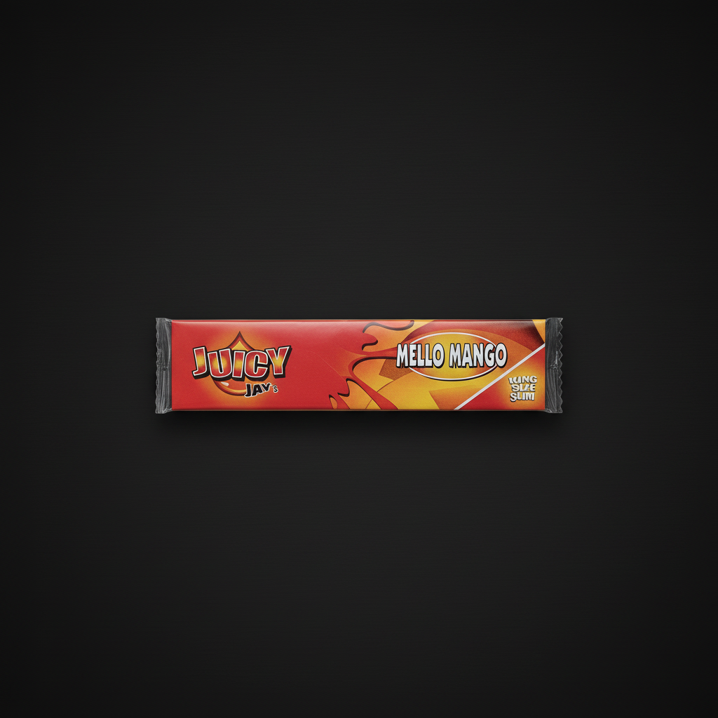 Juicy Jay's King Size Mello Mango flavoured rolling papers pack on dark background