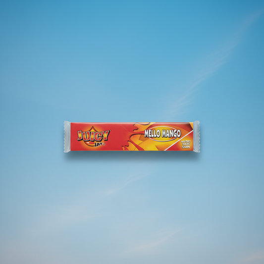 Juicy Jay's Mello Mango King Size flavoured rolling papers pack on blue background