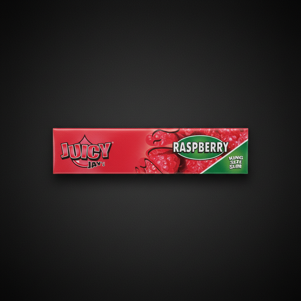 Juicy Jay's King Size Raspberry flavoured rolling papers pack on dark background