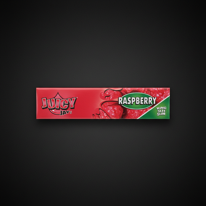 Juicy Jay's King Size Raspberry flavoured rolling papers pack on dark background