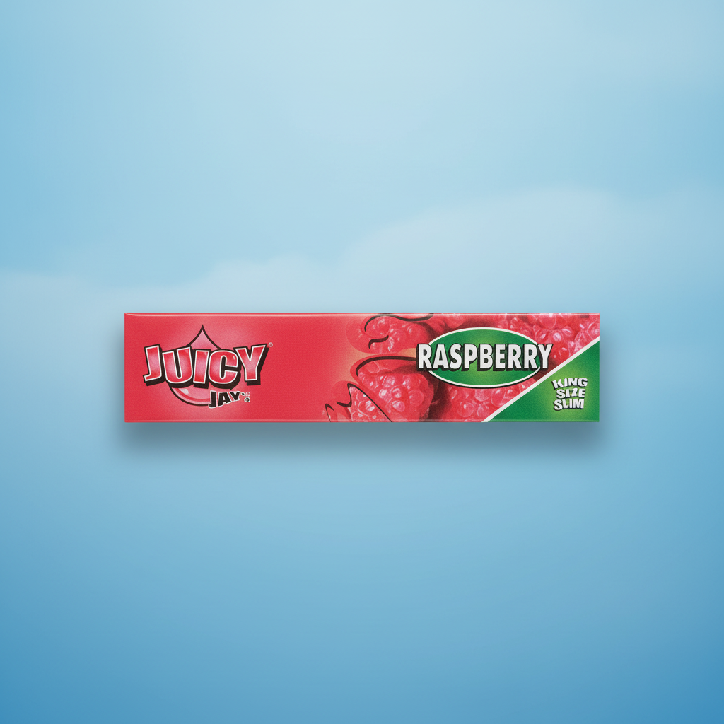 Juicy Jay's Raspberry King Size flavoured rolling papers pack on blue background