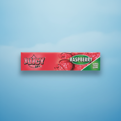 Juicy Jay's Raspberry King Size flavoured rolling papers pack on blue background
