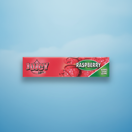 Juicy Jay's Raspberry King Size flavoured rolling papers pack on blue background
