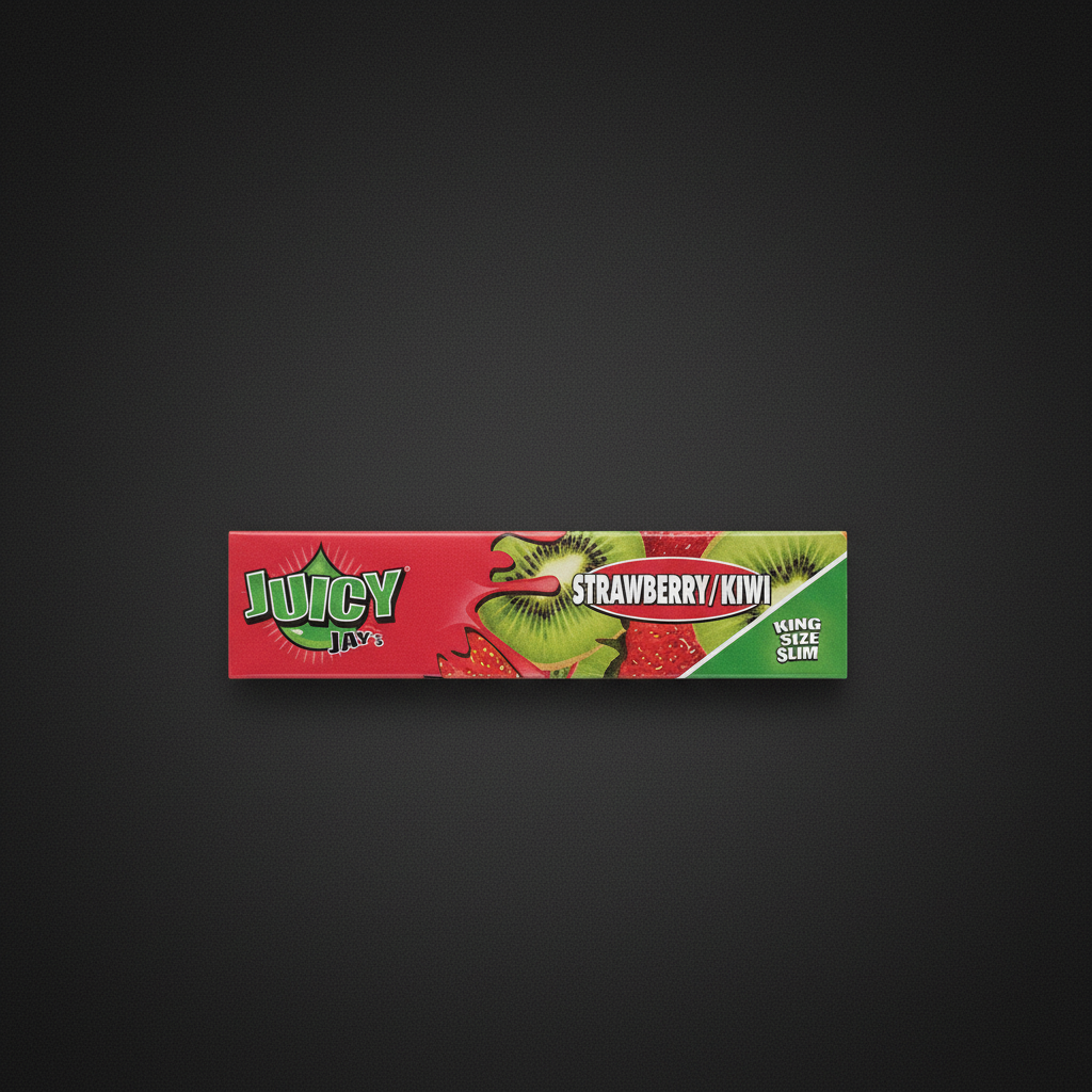 Juicy Jay's King Size Strawberry Kiwi flavoured rolling papers pack on dark background
