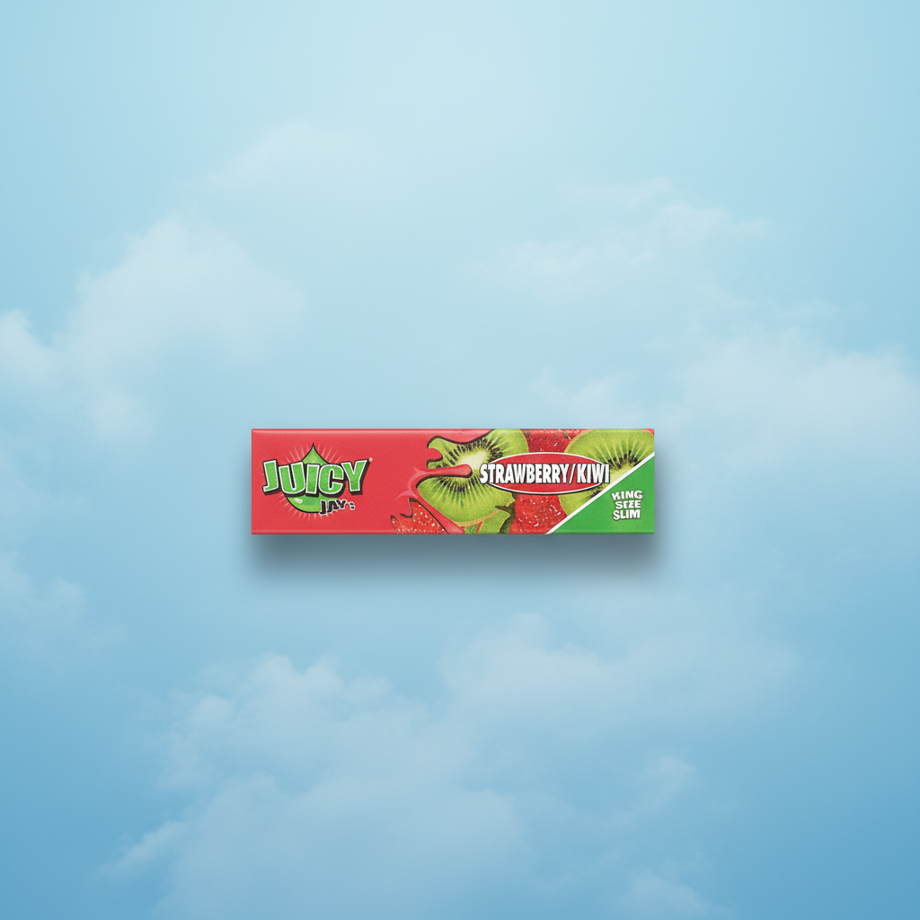 Juicy Jay's Strawberry Kiwi King Size flavoured rolling papers pack on blue background