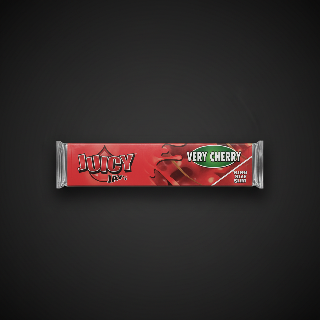 Juicy Jay's King Size Very Cherry flavoured rolling papers pack on dark background