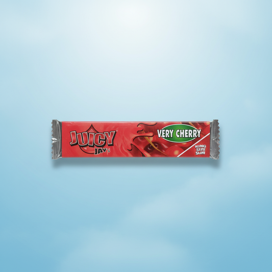 Juicy Jay's Very Cherry King Size flavoured rolling papers pack on blue background